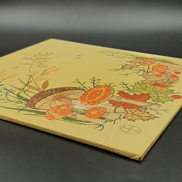 Vintage Mushroom Hot Plate Wall Hanging 70s Felt Backing 7 7/8" & Tea Towel - Picture 3 of 6